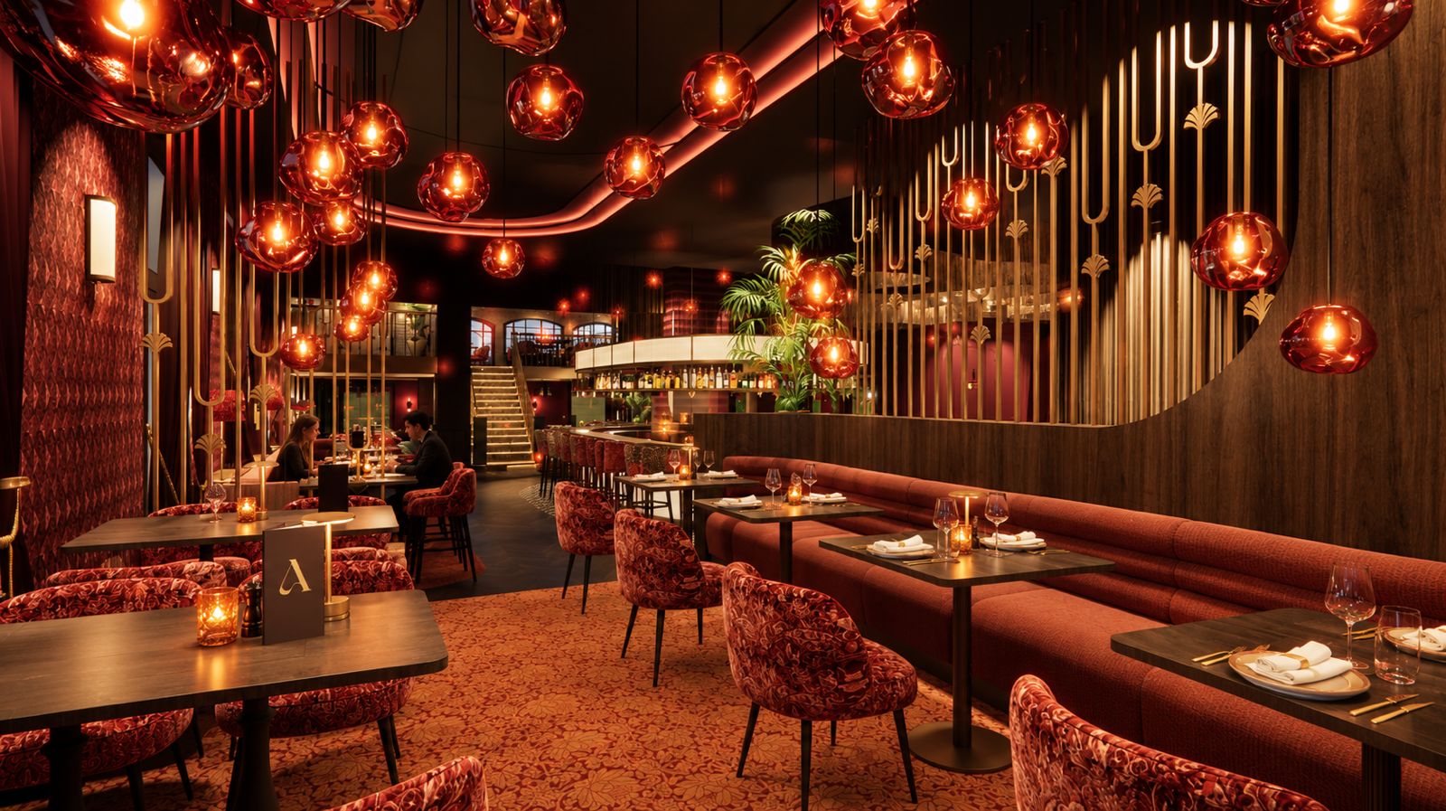 Restaurant Amelie: warme roodtinten, glazen hanglampen en sfeervolle zitplekken